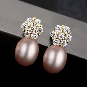 •Brides Delicate Cubic Zirconia Flower 925 Sterling Silver Drop Needle Earrings
